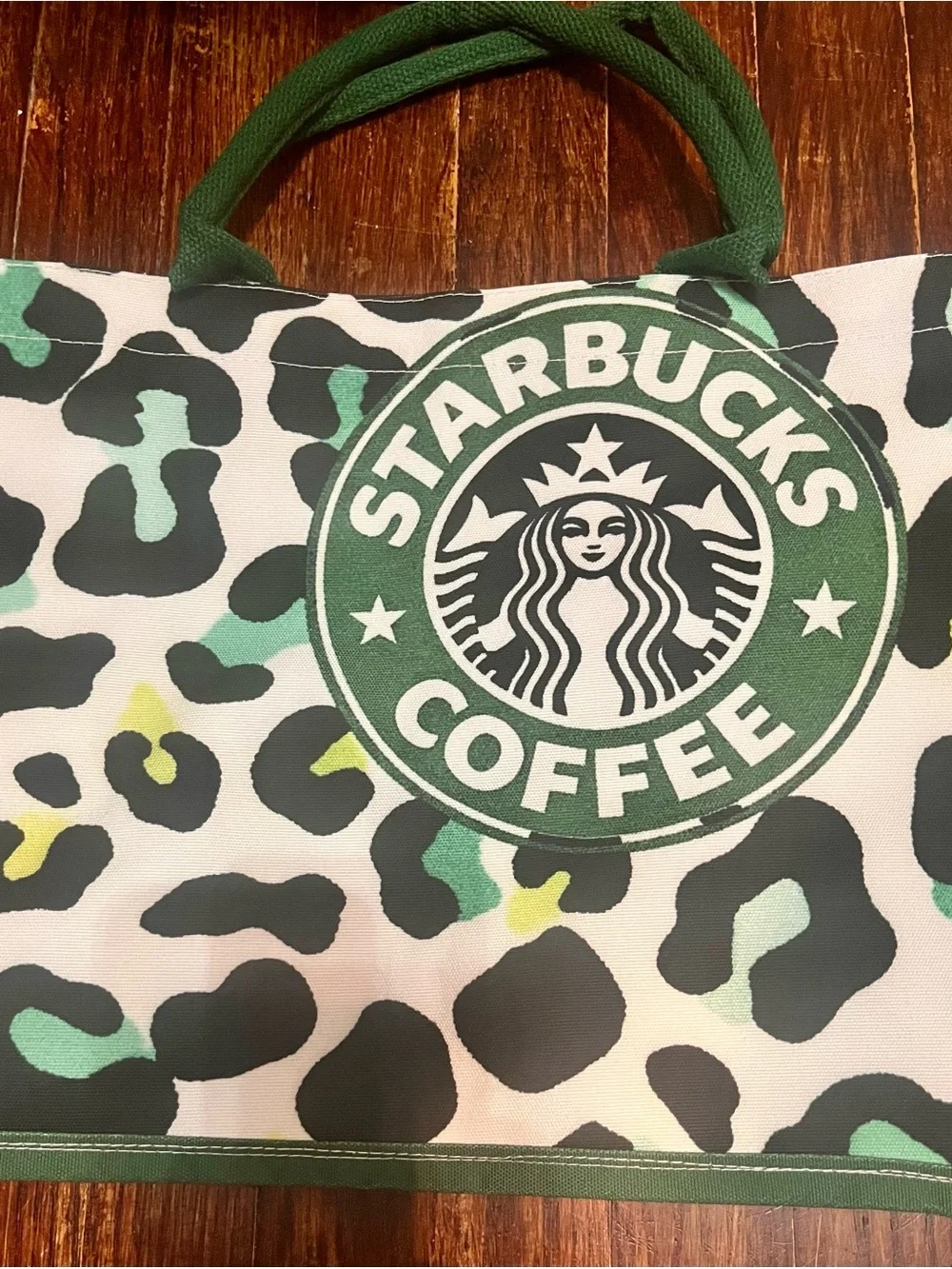 Starbucks White Canvas Tote with Green Leopard Pattern